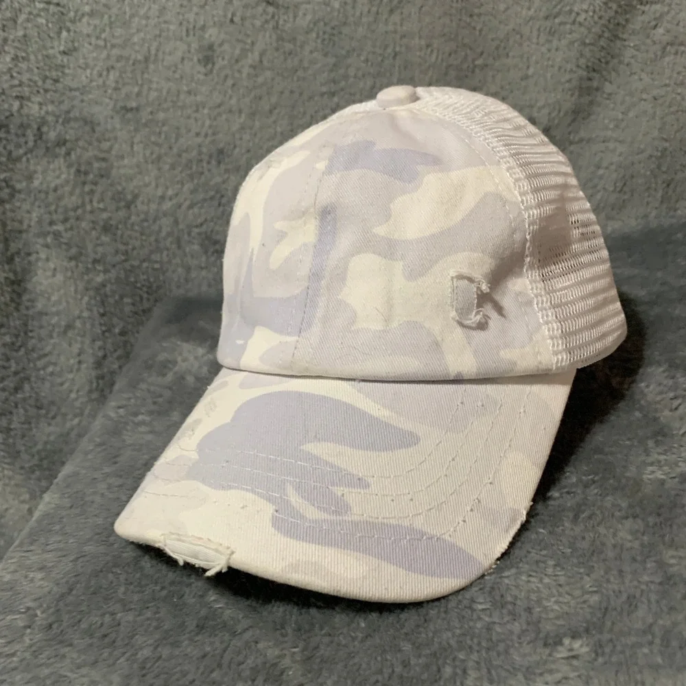 CC Girls Ponytail Trucker Hat Camo Grey White Distressed Mesh Back Messy Bun Cap